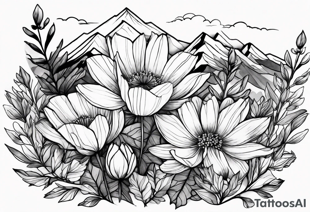 4-6in in length line - wildflower in watercolor represents overcoming challenges & strength - mountains, waves with a little sunshine tattoo idea