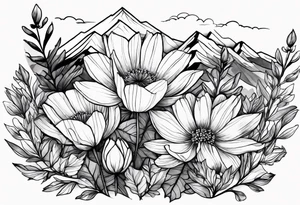 4-6in in length line - wildflower in watercolor represents overcoming challenges & strength - mountains, waves with a little sunshine tattoo idea