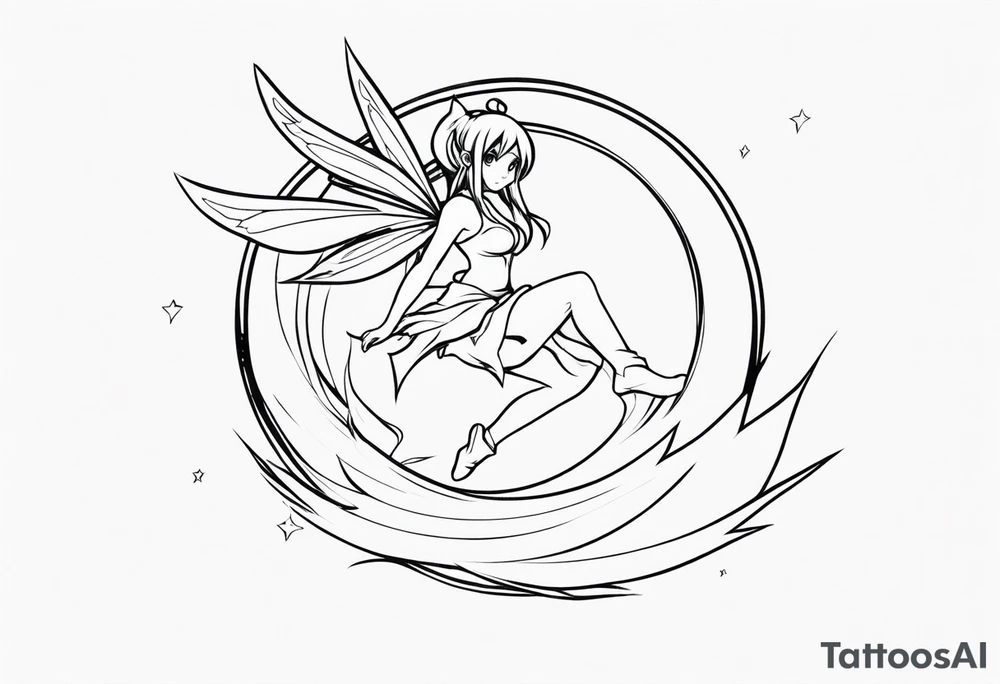 No color fairy with a tail inspired by the logo of the anime show called Fairy Tail in a fetal position leaning in and forward while in the air floating with no background tattoo idea
