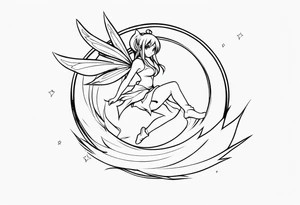 No color fairy with a tail inspired by the logo of the anime show called Fairy Tail in a fetal position leaning in and forward while in the air floating with no background tattoo idea