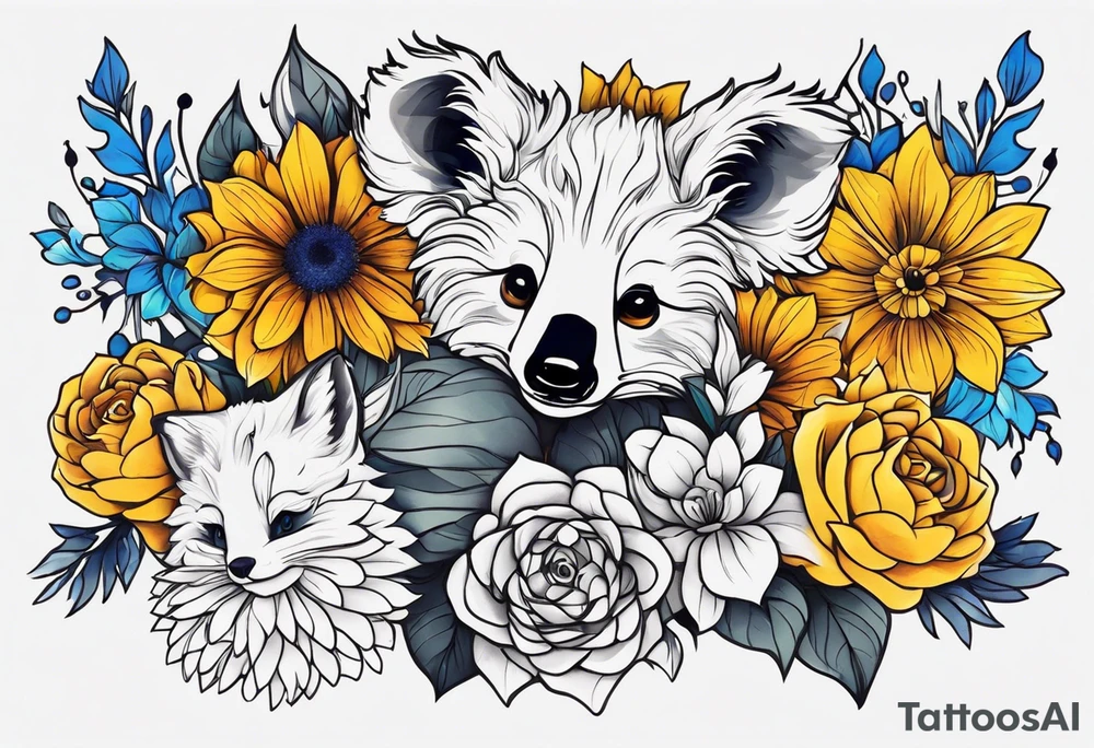 It will be a matching tattoo for 4 women. Our favorite flowers are yellow roses, lillies, blue daisies, and dahlias. Our favorite animals are koala, cat, turtle, and fox. tattoo idea