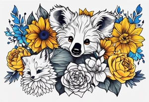 It will be a matching tattoo for 4 women. Our favorite flowers are yellow roses, lillies, blue daisies, and dahlias. Our favorite animals are koala, cat, turtle, and fox. tattoo idea