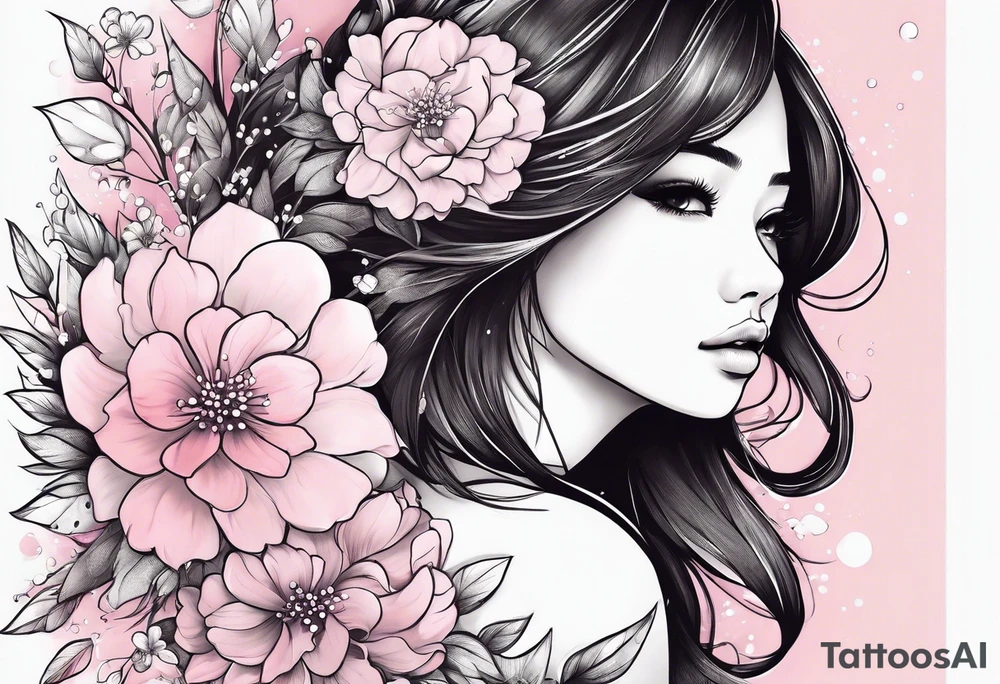 a cute girl with 
Chi Gypsophila
 flower pink color tattoo idea