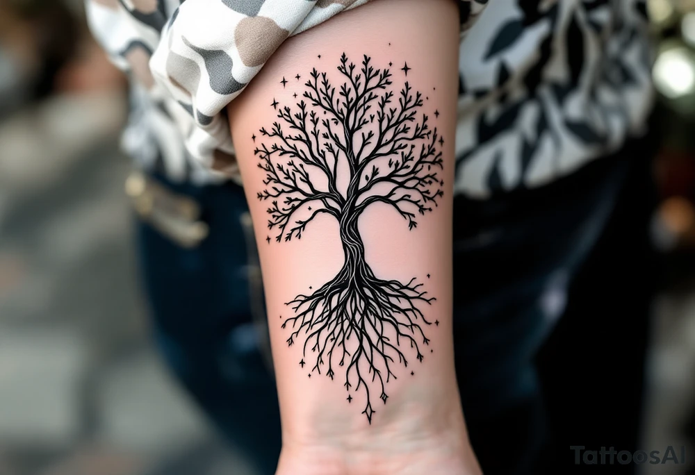 mystical tree of life with cosmic roots and celestial branches tattoo idea