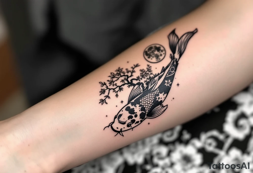 a koi fish swimming upstream in a pond moonlight by the full moon with a sakura tree by the pond tattoo idea