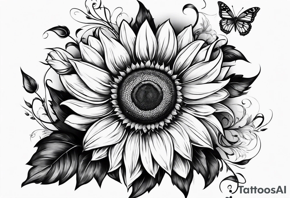 Sunflower and butterfly leg sleeve tattoo idea