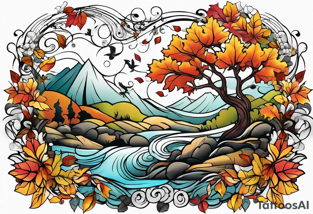 arm sleeve with fall colors, flowers, water flow shapes, leaves and various natural shapes, music staff tattoo idea