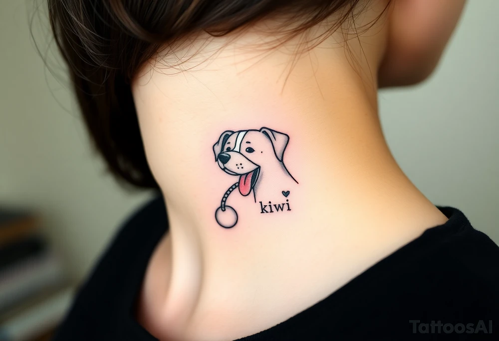 One line tattoo of female dog with white strip going up dog’s snout slightly off centered. With  toy and the dogs tongue slightly out and the name kiwi and an Aquarius them to it . Just the colors black  white brown with a small heart near by tattoo idea