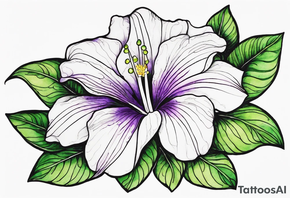 An outline of a rio dipladenia flower with a green and purple watercolor sky in the background tattoo idea
