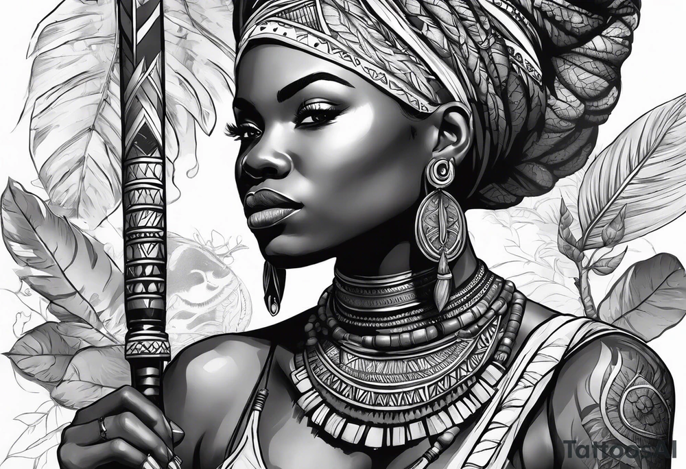 African woman warrior holding spear with deadlocks and earrings. With leafs and brids and Elephant in the background tattoo idea