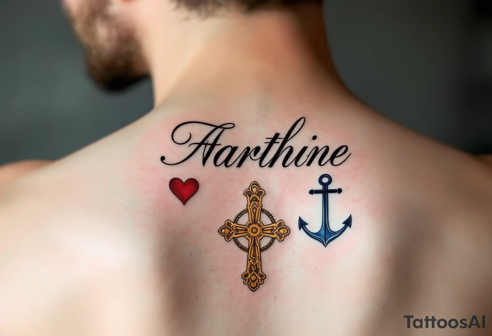 Fine-line black cursive sitting above three matching symbols: a crimson heart, golden cross, and deep blue anchor. tattoo idea