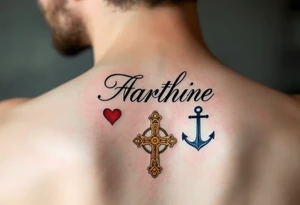 Fine-line black cursive sitting above three matching symbols: a crimson heart, golden cross, and deep blue anchor. tattoo idea