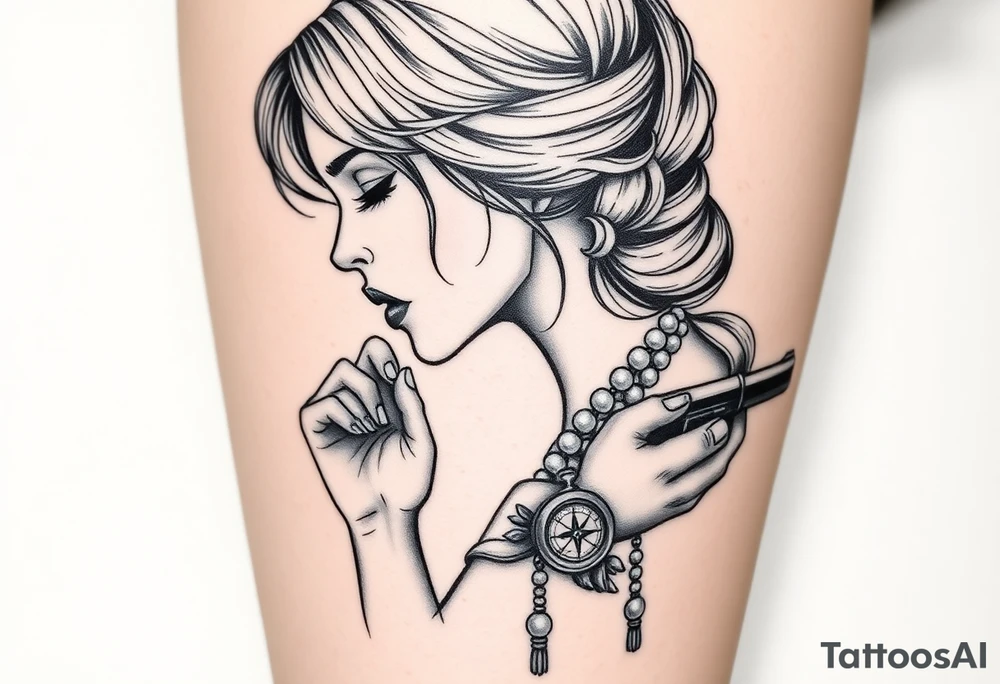 Profile of sexy woman with messy hair 
,resting chin on fist 
, mouth open  , lace, lipstick,  pearls 
compass and gun hand with rosary wrapped around hand tattoo idea
