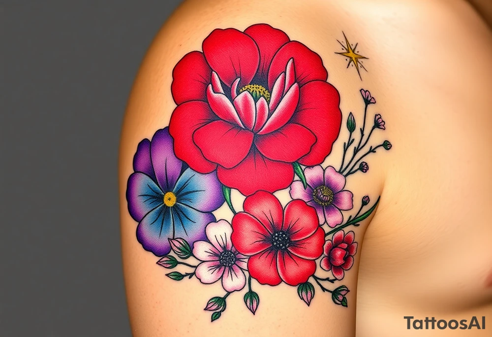 Upper left arm, wrapping slightly from the shoulder to the mid-upper arm, ending at the natural mid-arm curve.

Top center: Large red carnation
Left side: Purple pansy above a blue cosmos flower
Right side: Pink cosmos above a red cosmos
White flowers:
3 between the purple and blue flowers
2 below the pink/red flowers
3 on the branch extending from the right side of the carnation
2 on a branch connecting from the right side of the carnation to the top of the purple pansy

Neo-Traditional with Realism influence
Bold, clean black outlines
Flat, rich color gradients
Realistic flower detailing: natural petal texture, realistic shading, and depth
Flowing, realistic green branches and leaves
Fine black dots and small line accents
Small gold star next to the top red carnation

Warm brown skin tone tattoo idea