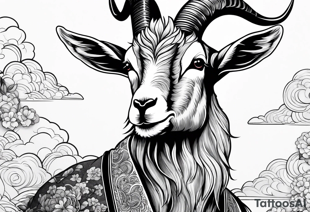 full goat body with japanese clouds tattoo idea