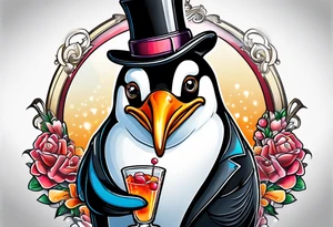 Classy penguin drinking a martini tattoo idea