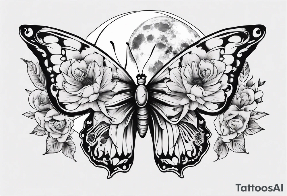 Butterfly wrap tattoos with moon and floral theme tattoo idea