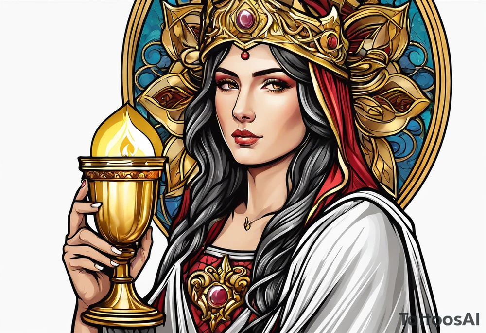 holy saint woman turned away with golden halo holding a chalice tattoo idea