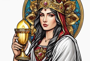 holy saint woman turned away with golden halo holding a chalice tattoo idea