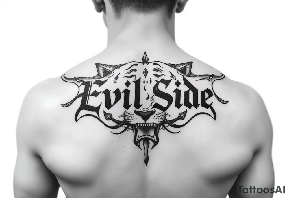 Bold cover up saying Evil Side from ear to ear on front of neck black and white leo tattoo idea
