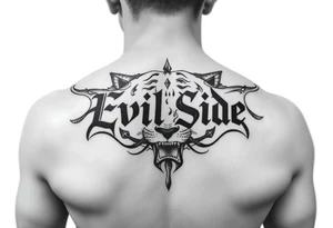 Bold cover up saying Evil Side from ear to ear on front of neck black and white leo tattoo idea