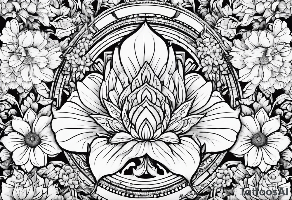 Round boarder completely empty inside surrounded by flowers tattoo idea