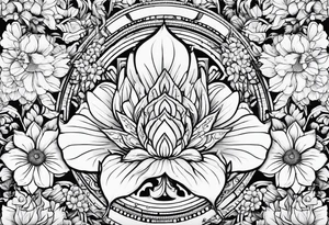 Round boarder completely empty inside surrounded by flowers tattoo idea