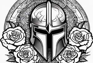 Outline of a broken Spartan helmet with a sword passing through the center around which a rose is interlaced. tattoo idea