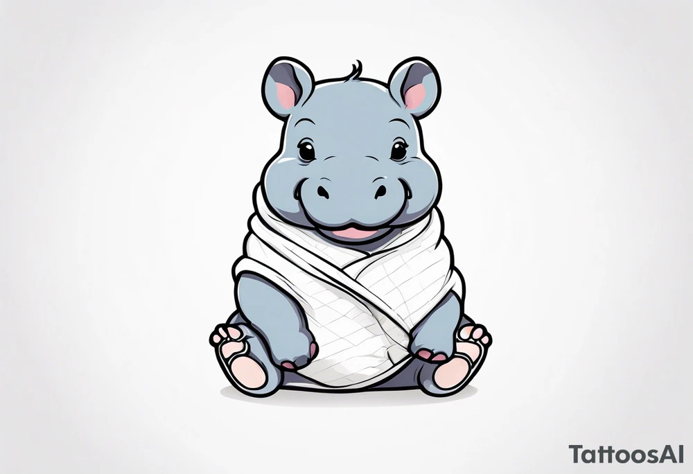 Baby hippopotamus wrapped in a swaddle and holding a pacifier tattoo idea