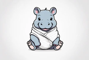 Baby hippopotamus wrapped in a swaddle and holding a pacifier tattoo idea