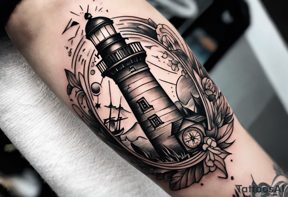 An open book with a lighthouse in the middle and a compass to wrap around forearm tattoo idea