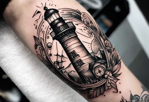 An open book with a lighthouse in the middle and a compass to wrap around forearm tattoo idea