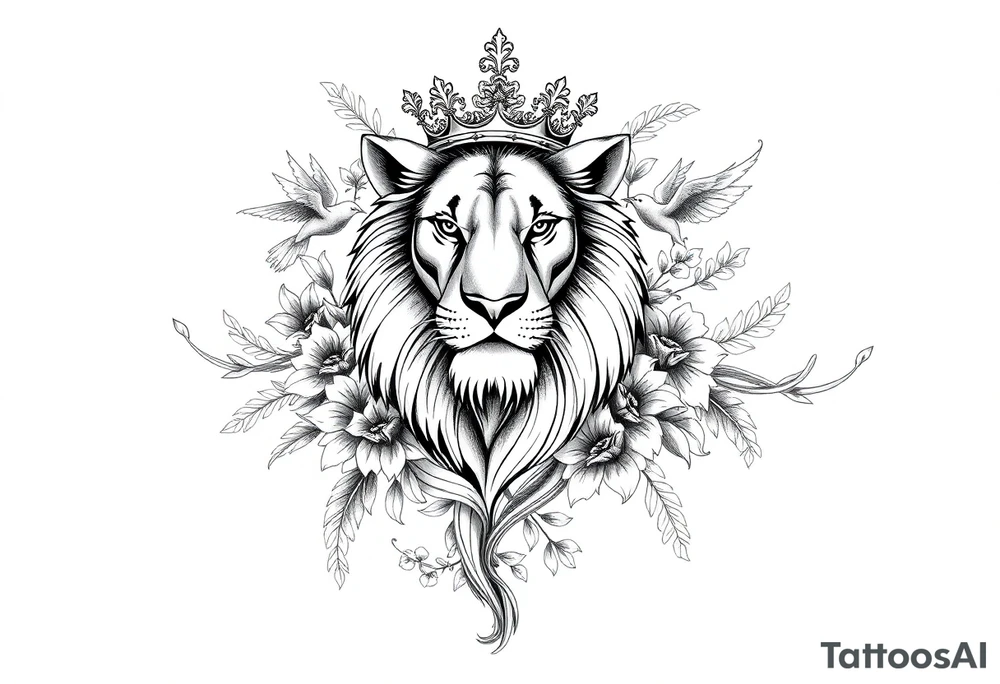powerful majestic lion with a crown, surrounded by floral ornaments and birds tattoo idea
