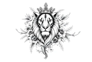 powerful majestic lion with a crown, surrounded by floral ornaments and birds tattoo idea