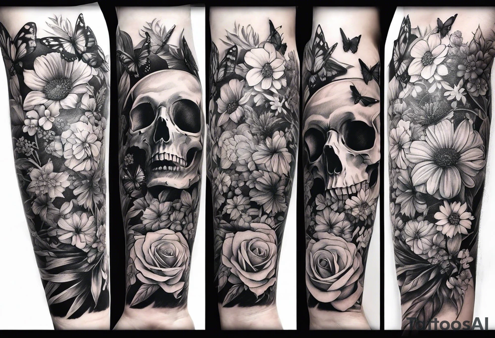 Life to death sleeve with butterflies and flowers tattoo idea