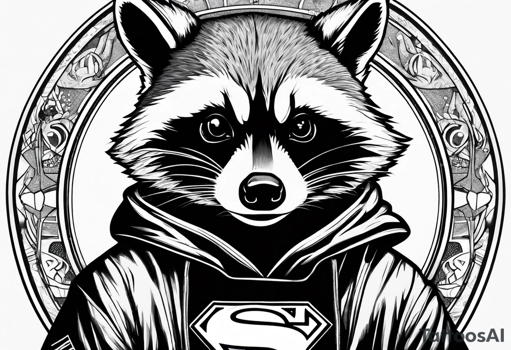 raccoon wearing a Superman hoodie tattoo idea