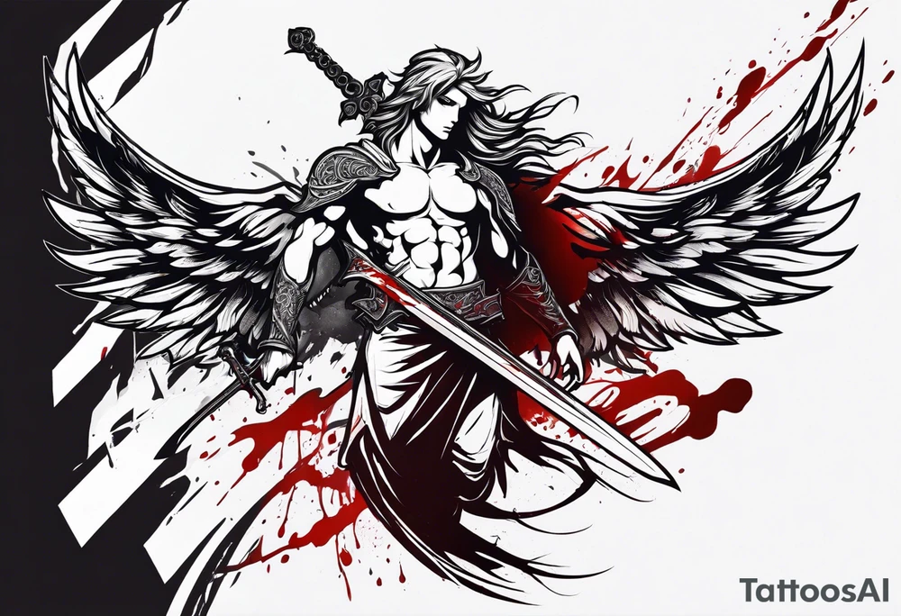 Male Angel with gothic wings and a sword with blood dripping from it. One side of angle represents darkness and the second of the angle represents light tattoo idea