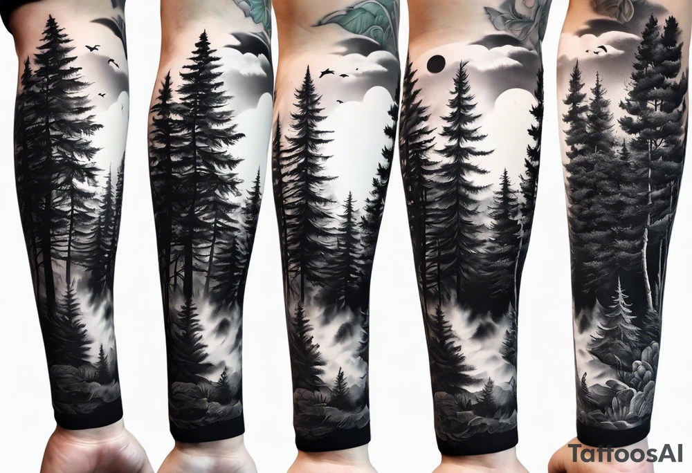 forearm sleeve, time, forest, kids tattoo idea