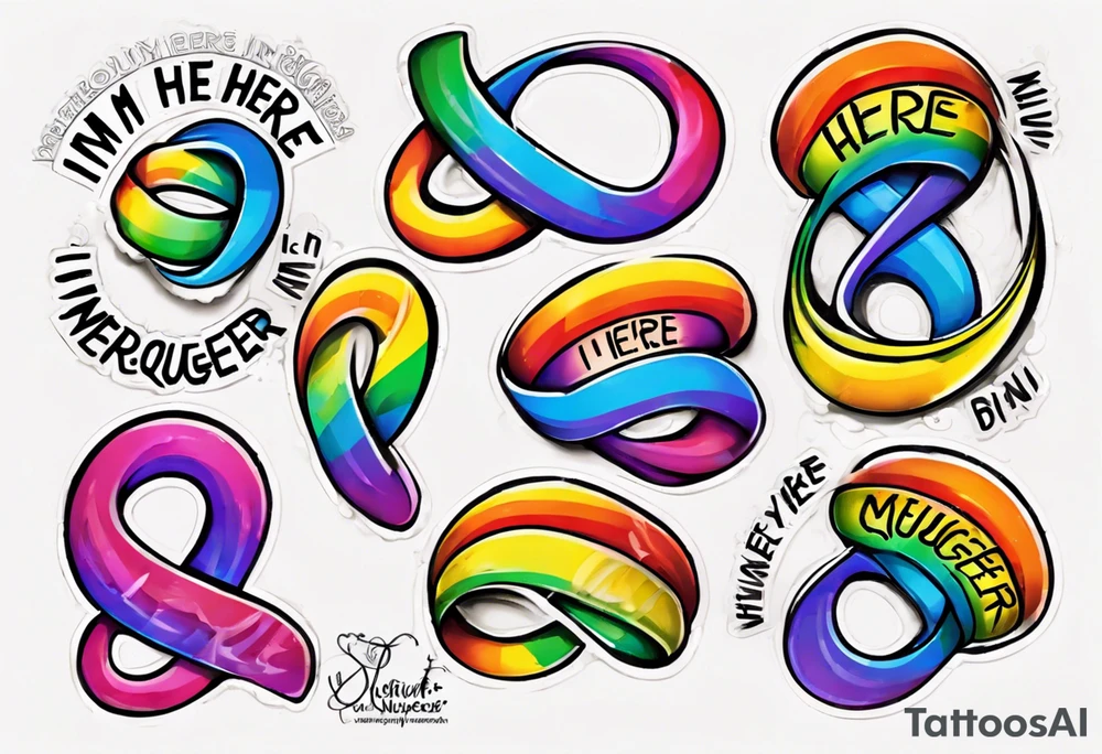 rainbow infinity symbol with the words "I'm Here, I'm Neuroqueer" tattoo idea