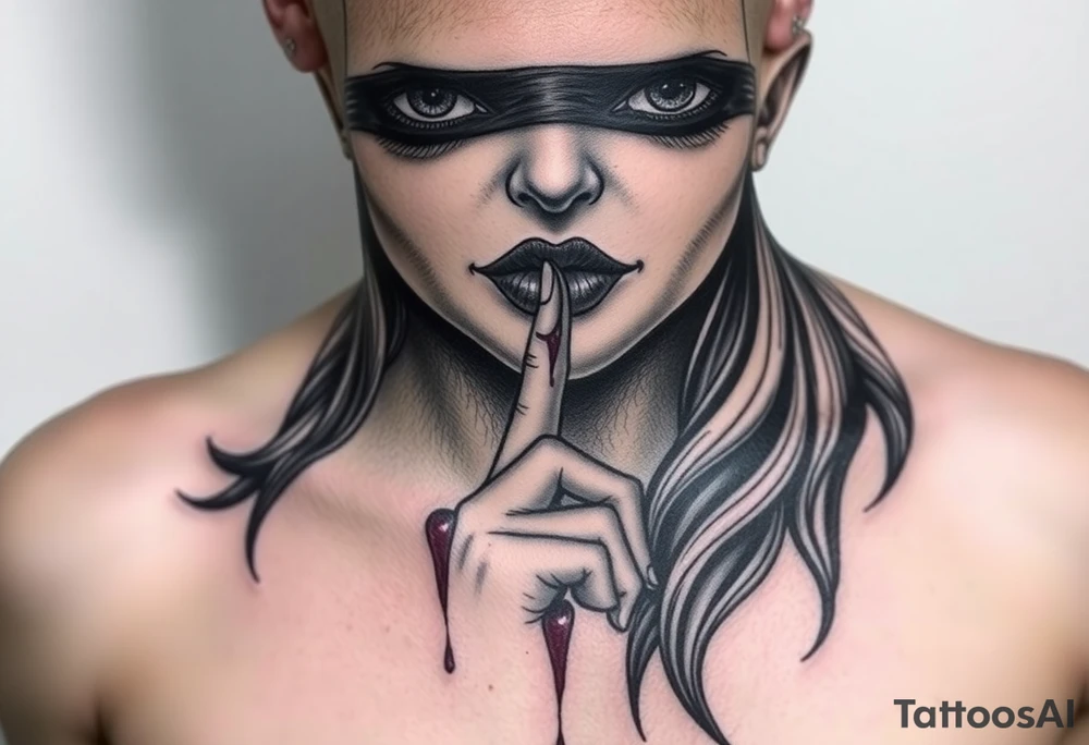 Women that has big eyes but her eyes are not there cause she is blind with a nose and long long hair that is flowing down her chest and back her index finger to her mouth and her ears both are bleeding  like hear no evil see no evil talkk no evil tattoo idea