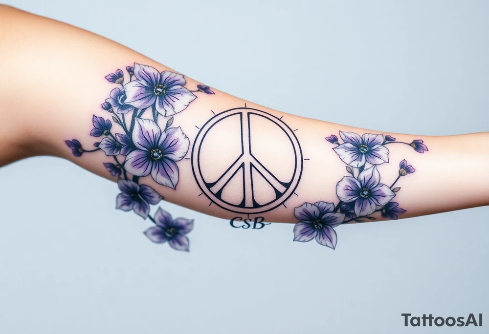 peace symbol, dog prints, Pisces symbol, intertwined with violets, amethyst, initials csb in cursive font tattoo idea