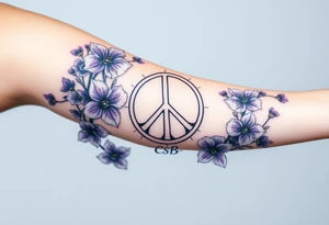 peace symbol, dog prints, Pisces symbol, intertwined with violets, amethyst, initials csb in cursive font tattoo idea