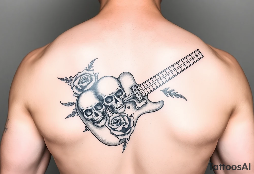 Electric guitar with skulls and roses on it tattoo idea