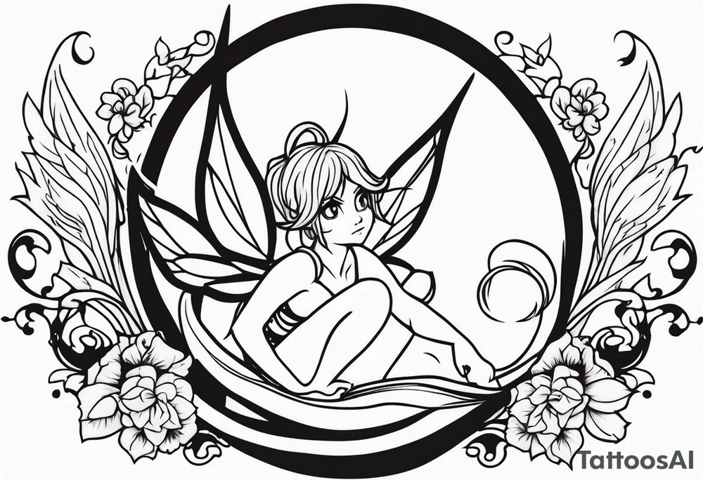 A fairy with a tail inspired by the logo of the show called Fairy Tail in a fetal position leaning in tattoo idea