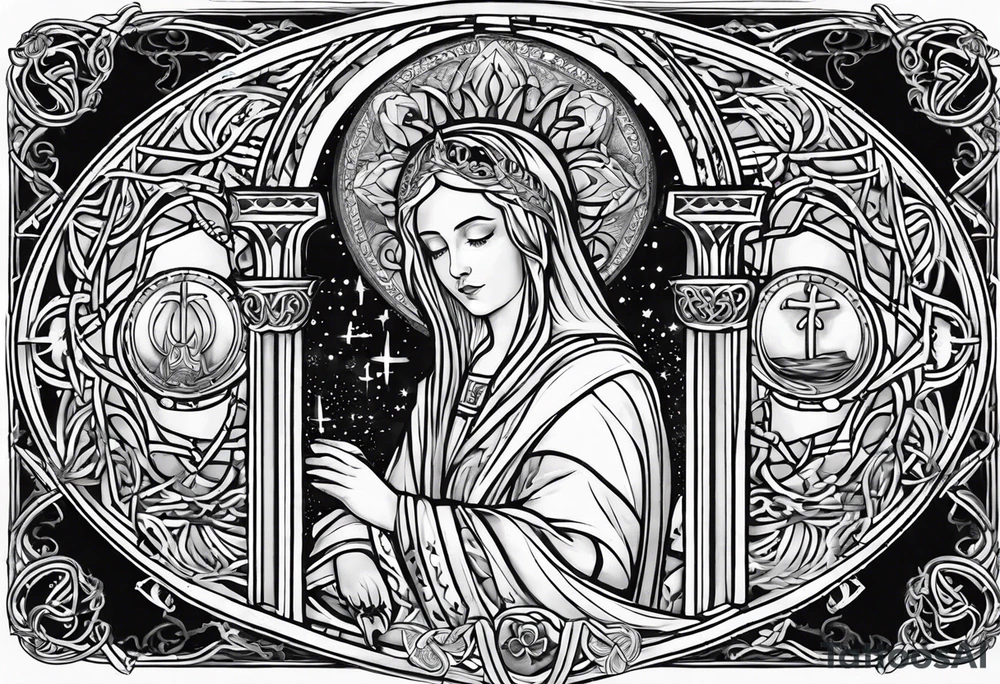 A full back piece themed on the surname mcbride and the irish saint brigid. It should take inspiration from artwork of saint brigid holding fire in her hands. It should have the text Vincit Pericula Virtus on it tattoo idea