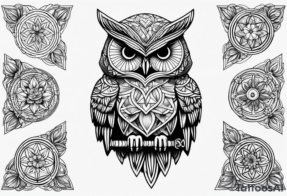 Owl rainbow pirate hat geometric flower of life flowers tattoo idea