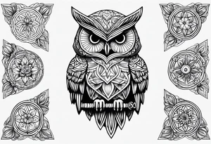 Owl rainbow pirate hat geometric flower of life flowers tattoo idea