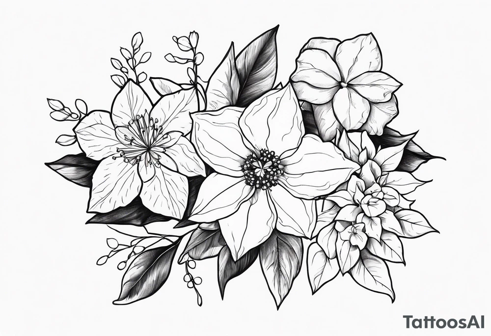 Narcissus, Poinsettia, Holly, Gladiolus, Poppy, Daisy, Sweet Pea and Hydrangea tattoo idea