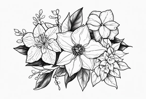 Narcissus, Poinsettia, Holly, Gladiolus, Poppy, Daisy, Sweet Pea and Hydrangea tattoo idea