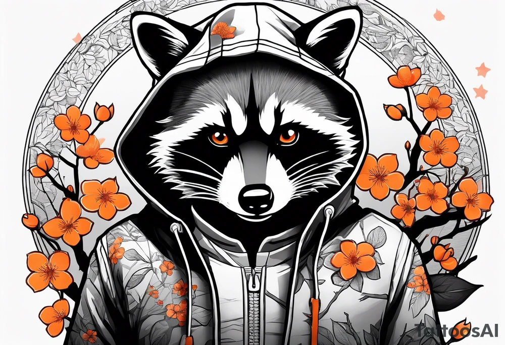 raccoon wearing a black and white Superman hoodie and orange Japanese cherry blossoms tattoo idea